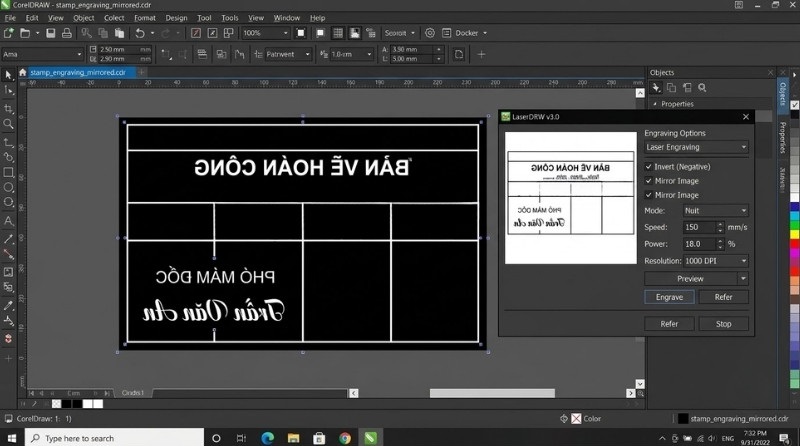 giao-dien-thiet-ke-file-khac-dau-am-ban-lat-nguoc-mirror-tren-phan-mem-coreldraw Máy khắc dấu laser mini giá rẻ: Thu hồi vốn siêu tốc